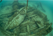 Overhead view of a submerged ship's bow area