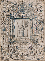 Grotesque ornament label QS:Len,"Grotesque ornament" label QS:Lpl,"Groteskowy ornament" label QS:Lnl,"Grotesken" 1565. Pen in brown, blue wash, over black chalk on paper. 21.5 × 15.8 cm (8.4 × 6.2 in). Wrocław, Ossolineum.