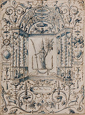 Mannerist grotesque ornament drawing by the Dutch painter and architect Hans Vredeman de Vries (1527-1609), of around 1604. The figures of the fauns at bottom, and almost the dragons at top, are moresques in the figure sense. Wzor ornamentu - groteska.jpg