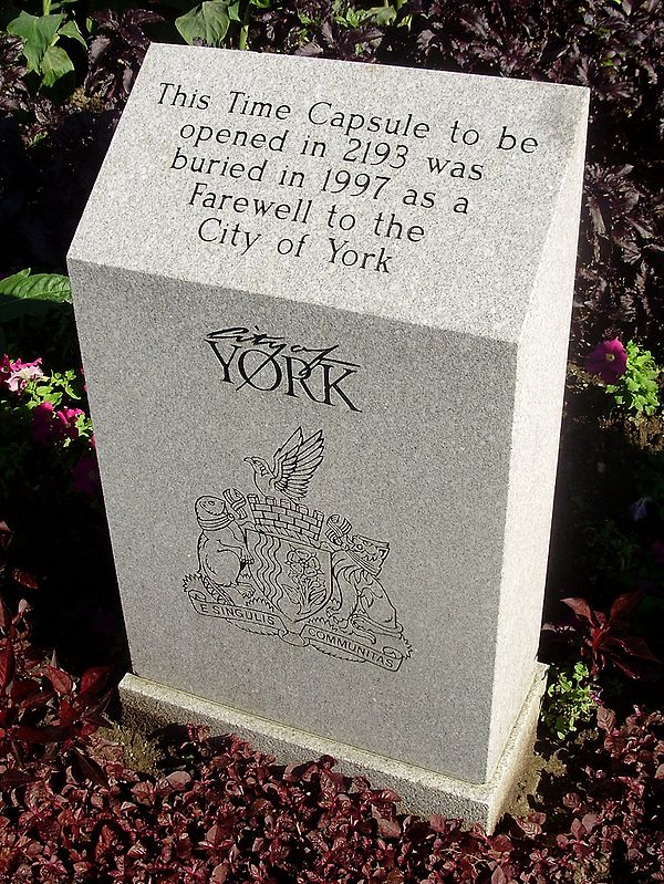 A time capsule outside the York Civic Centre, a building that formerly housed York's City Council. It depicts the city's logo and coat of arms, with t