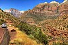 Looking up at the cliffs of Zion Canyon from the Zion-Mt. Carmel Highway