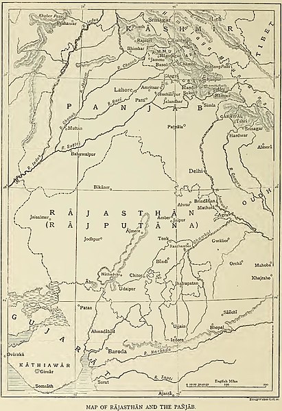 File:"Map of Rajasthan and the Panjab" 1916 map, Oxford University Press, (includes Tibet Punjab, Kashmir, Gujarat, Rajasthan) - Getty Research Institute (IA rajputpaintingbe01coom) (page 22 crop).jpg