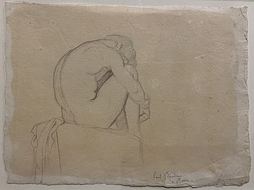 Étude de jeune homme nu accroupi, P. Flandrin, v. 1835, crayon graphite sur papier, coll. particulière