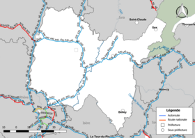 Carte du réseau routier national (autoroutes et routes nationales) dans le département de l'Ain