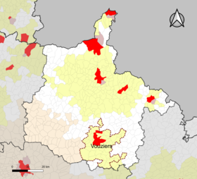Ubicación de la zona de atracción de Vouziers en el departamento de Ardennes.