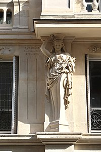 Beaux Arts caryatid (mainly Neoclassical, but also Baroque Revival through the lower part rotated at 45°) of Rue Chomel no. 11, Paris, by J. Vramant, 1878-1880