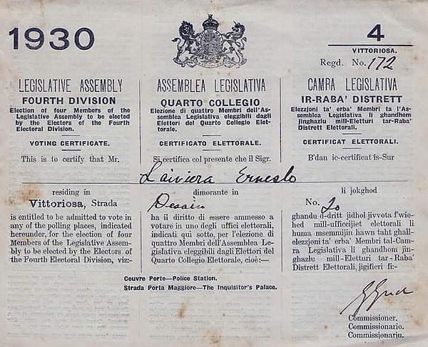 Tri-lingual voting document for the later cancelled 1930 elections in Malta