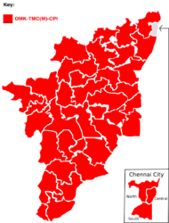 1996: Newly formed alliance UF, which includes DMK & TMC(M) swept the state winning all 39 seats. UF forms the government, with outside support from INC, nationally after BJP government failed to last in a few days and DMK-TMC(M)-CPI was part of the JD government under H. D. Deve Gowda.