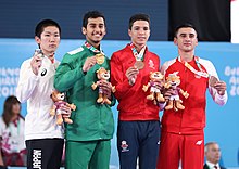 2018-10-17 Karate Boys –61 kg bei den Olympischen Jugendolympiaden 2018 - Siegeszeremonie (Martin Rulsch) 26.jpg