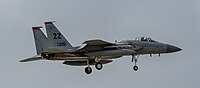 A US Air Force F-15C Eagle, tail number 83-0010, on final approach at Kadena Air Base in Okinawa, Japan. The aircraft is assigned to the 67th Fighter Squadron.