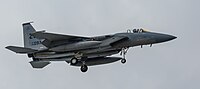 A US Air Force F-15C Eagle, tail number 85-0097, on final approach at Kadena Air Base in Okinawa, Japan. It is assigned to the 44th Fighter Squadron at Kadena AB.