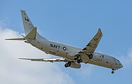 A Boeing P-8 Poseidon, tail number 168761, on final approach at Kadena Air Base in Okinawa, Japan. It is assigned to Patrol Squadron 45 (VP-45) at NAS Jacksonville, Florida, United States.