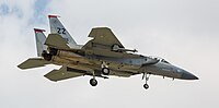 A US Air Force F-15C Eagle, tail number 83-0011, on final approach at Kadena Air Base in Okinawa, Japan. It is assigned to the 67th Fighter Squadron at Kadena AB.