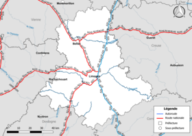 Mapa státní silniční sítě (dálnice a státní silnice) v departementu Haute-Vienne