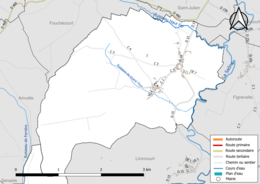 Carte en couleur présentant le réseau hydrographique de la commune