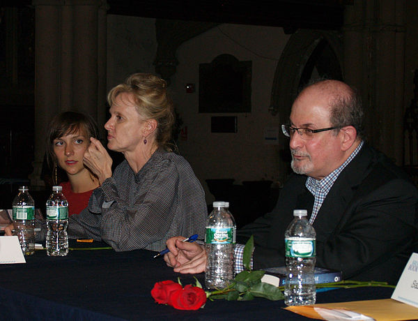 Rushdie, right, with writers Catherine Lacey and Siri Hustvedt at the 2014 Brooklyn Book Festival
