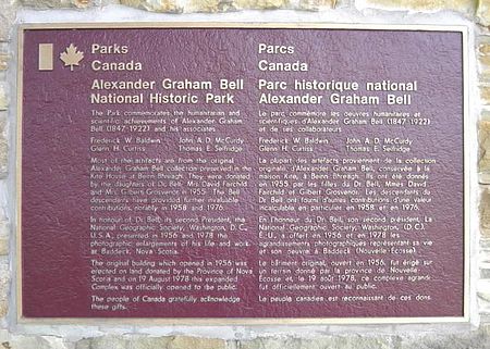 Parks Canada plaque at the Alexander Graham Bell National Historic Park, Baddeck, Nova Scotia, adjacent to the A.G. Bell Museum on the same site
