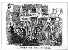 Members of the sanitary movement believed that cholera and other diseases were spread by miasma generated by overcrowding in cities. A court for King Cholera Wellcome L0003001.jpg