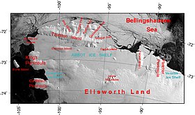 (fr) Lage der Abbot-Barriere zwischen der Küste von Eights und Thurston Island.