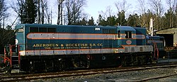 Aberdeen and Rockfish Railroad 205 at the company's yard in Aberdeen, North Carolina Aberdeen Rockfish locomotive.JPG