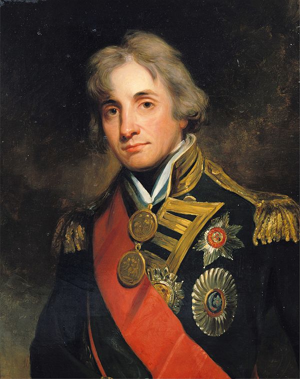 Lord Nelson wearing large gold medals for St. Vincent and the Nile. With a later posthumous award for Trafalgar, he was the sole recipient of three la