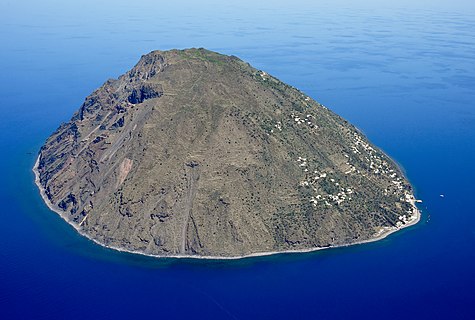 Aerial image of Alicudi (westernmost of the seven islands that make up the Aeolian archipelago, a volcanic island chain north of Sicily)