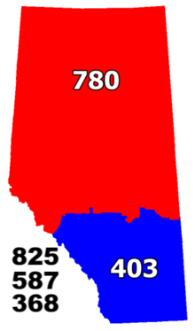 Alberta's numbering plan areas and area codes Alberta area codes 2022.png