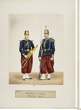 Frankrike, linjeinfanteriet 1866. Blå vapenrock och röda byxor kännetecknade det franska infanteriet ännu vid första världskrigets utbrott.