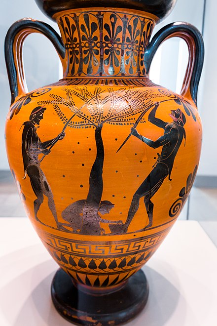 Greek vase showing two bearded men and a youth gathering olives from a tree, by the Antimenes Painter (ca. 520–510 BC).
