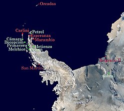 הבסיסים הארגנטינאים באנטארקטיקה (בסיסים קבועים צבועים באדום)