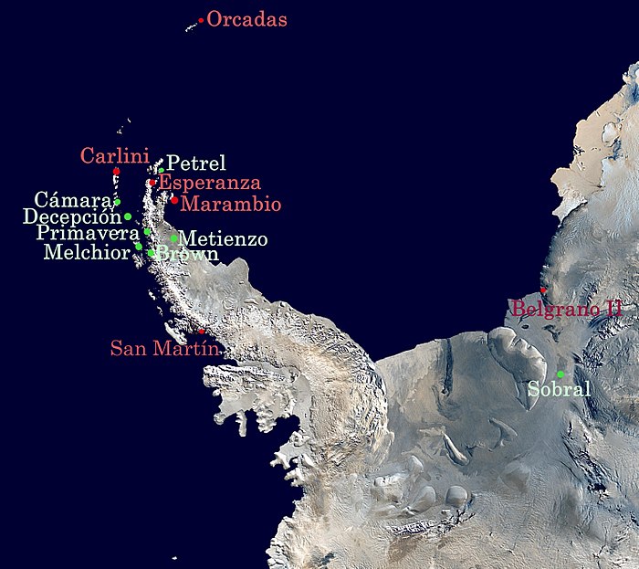 Argentine bases on Antarctica (permanent bases in red).