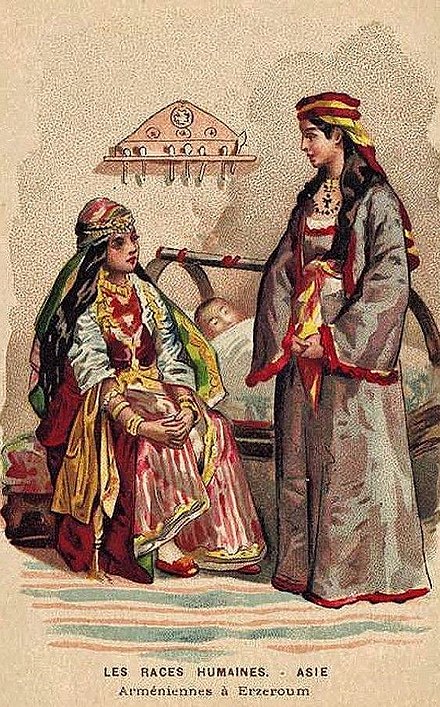 Armenian girls from Erzurum in traditional dress. Drawing by Alexandre Lacauchie, 1847