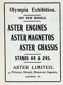 Aster advert, Olympia exhibition November 1906, 1907 models, engines, magnetos, chassis Aster advert, Olympia exhibition November 1906, 1907 models, engines, magnetos, chassis.jpg