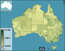 People attending a tertiary institution as a percentage of the local population at the 2011 census, geographically subdivided by statistical local area Australian Census 2011 demographic map - Australia by SLA - BCP field 2865 University or other Tertiary Institution Total Persons.svg