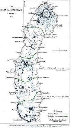 An 1845 engraving of the island of São Miguel (west is up)