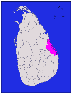 Batticaloan piirikunta Sri Lankan kartalla.