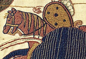 Detail of the Bayeux Tapestry showing fillings in laid work Bayeux tapestry laid work detail..jpg