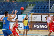 Deutsch: Beachhandball Europameisterschaften 2019 (Beach handball Euro); Tag 3: 4. Juli 2019 – Männer, Hauptrunde Gruppe II, Polen-Ukraine 2:0 (24:13, 23:22) English: Beach handball Euro; Day 3: 4 July 2019 – Men Main Round Group II – Poland-Ukraine 2:0 (24:13, 23:22)