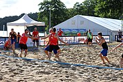 Deutsch: Beachhandball Europameisterschaften 2019 (Beach handball Euro); Tag 1: 2. Juli 2019 – Männer, Vorrunde Gruppe D, Frankreich-Montenegro 2:0 (19:7, 18:9) English: Beach handball Euro; Day 1: 2 July 2019 – Men Preliminary Round Group D – France-Montenegro 2:0 (19:7, 18:9)