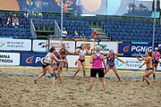 Deutsch: Beachhandball Europameisterschaften 2019 (Beach handball Euro); Tag 5: 6. Juli 2019 – Frauen, Halbfinale, Ungarn-Niederlande 2:0 (19:16, 15:12) English: Beach handball Euro; Day 5: 6 July 2019 – Semifinal Women – Hungary-Netherlands 2:0 (19:16, 15:12)