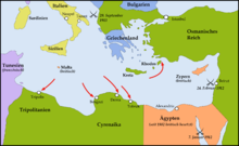 Map of Italian operations during the Italo-Turkish War; Partenope
primarily operated off Tripoli in the west Bellum1911.png