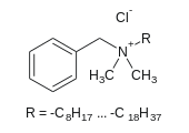 塩化ベンザルコニウムの構造式。Rは長鎖アルキル基