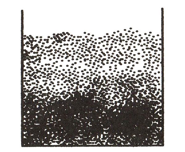 The equilibrium distribution for particles of gamboge shows the tendency for granules to move to regions of lower concentration when affected by gravi