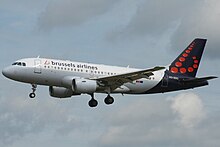 Brussels Airlines Airbus A319 landing at Brussels Airport in Zaventem Brussels Airlines A319-112 (OO-SSG) landing at Brussels Airport (1).jpg