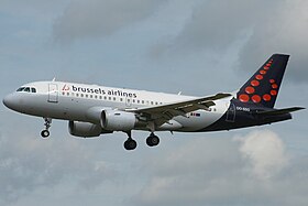 Brussels Airlines A319-112 (OO-SSG) landing at Brussels Airport (1).jpg