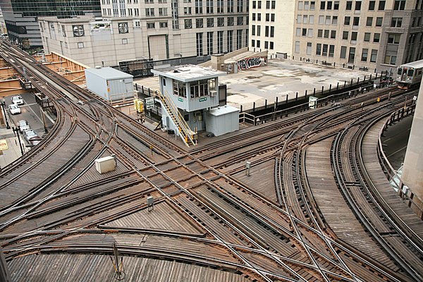 Chicago Transit Authority signal tower 18 guides elevated Chicago 'L' north and southbound Purple and Brown lines intersecting with east and westbound