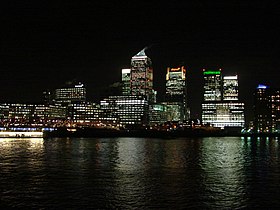 The Canary Wharf skyscrapers in the Isle Of Dogs.