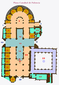 A la izquierda en verde pueden verse los espacios correspondientes a las sacristías de las capillas. En el centro está configurada una perfecta cruz griega. Y si se observan los dos cruceros se aprecia la cruz patriarcal.