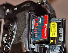 A CompactFlash (CF) card, one of many media types used to store digital photographs Cf-card.jpg