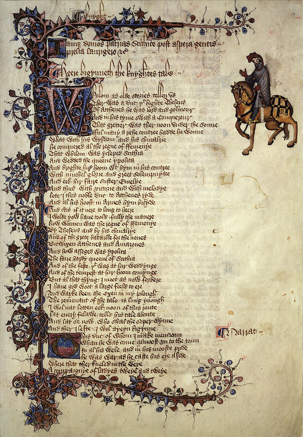 Eerste pagina van The Knight's Tale uit The Canterbury Tales in het Ellesmere manuscipt, 14e eeuw.